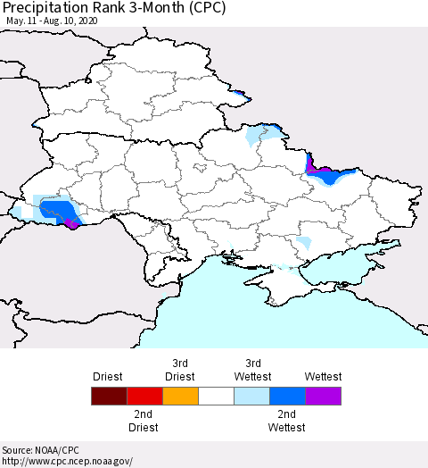 Ukraine, Moldova and Belarus Precipitation Rank since 1981, 3-Month (CPC) Thematic Map For 5/11/2020 - 8/10/2020