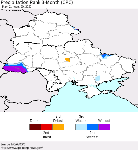 Ukraine, Moldova and Belarus Precipitation Rank 3-Month (CPC) Thematic Map For 5/21/2020 - 8/20/2020