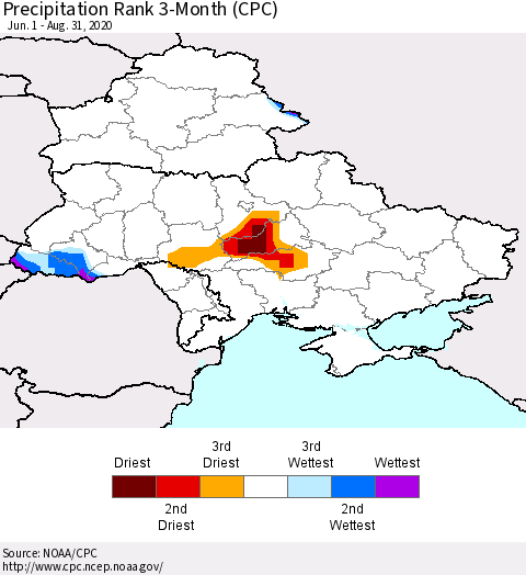 Ukraine, Moldova and Belarus Precipitation Rank 3-Month (CPC) Thematic Map For 6/1/2020 - 8/31/2020