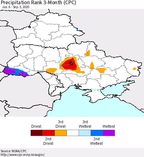 Ukraine, Moldova and Belarus Precipitation Rank 3-Month (CPC) Thematic Map For 6/6/2020 - 9/5/2020