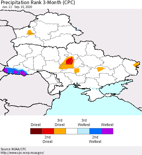 Ukraine, Moldova and Belarus Precipitation Rank 3-Month (CPC) Thematic Map For 6/11/2020 - 9/10/2020