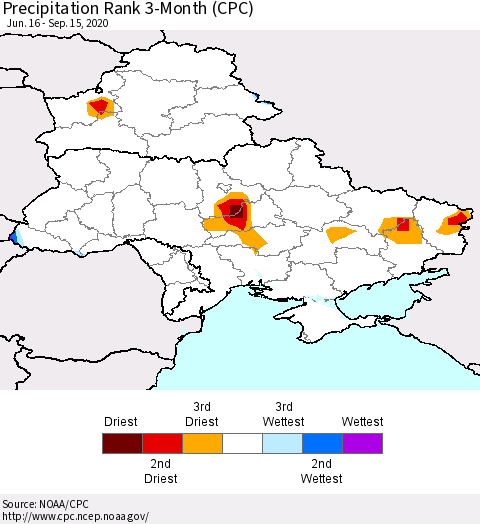 Ukraine, Moldova and Belarus Precipitation Rank since 1981, 3-Month (CPC) Thematic Map For 6/16/2020 - 9/15/2020