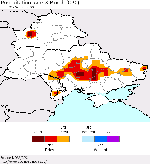 Ukraine, Moldova and Belarus Precipitation Rank 3-Month (CPC) Thematic Map For 6/21/2020 - 9/20/2020