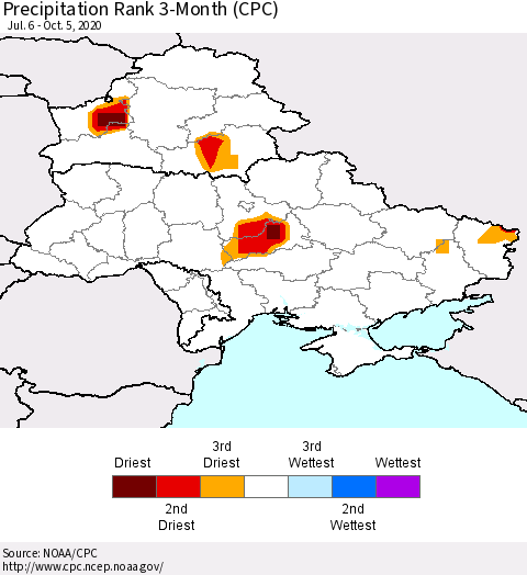 Ukraine, Moldova and Belarus Precipitation Rank 3-Month (CPC) Thematic Map For 7/6/2020 - 10/5/2020