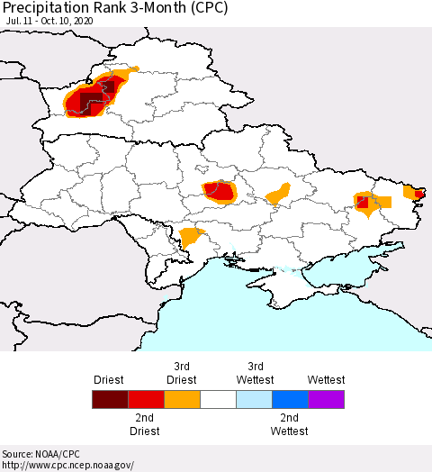 Ukraine, Moldova and Belarus Precipitation Rank 3-Month (CPC) Thematic Map For 7/11/2020 - 10/10/2020