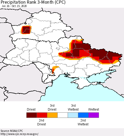 Ukraine, Moldova and Belarus Precipitation Rank 3-Month (CPC) Thematic Map For 7/16/2020 - 10/15/2020