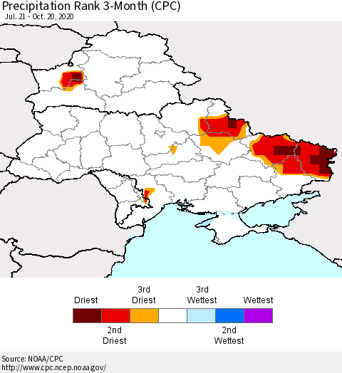 Ukraine, Moldova and Belarus Precipitation Rank 3-Month (CPC) Thematic Map For 7/21/2020 - 10/20/2020