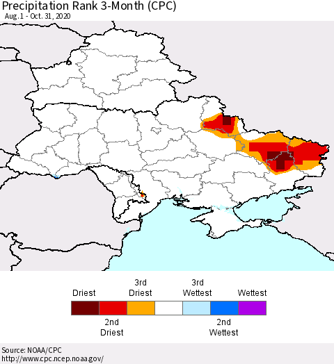 Ukraine, Moldova and Belarus Precipitation Rank 3-Month (CPC) Thematic Map For 8/1/2020 - 10/31/2020