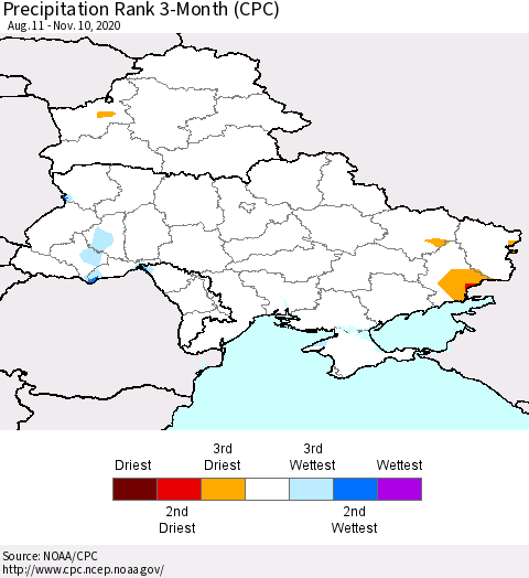 Ukraine, Moldova and Belarus Precipitation Rank 3-Month (CPC) Thematic Map For 8/11/2020 - 11/10/2020