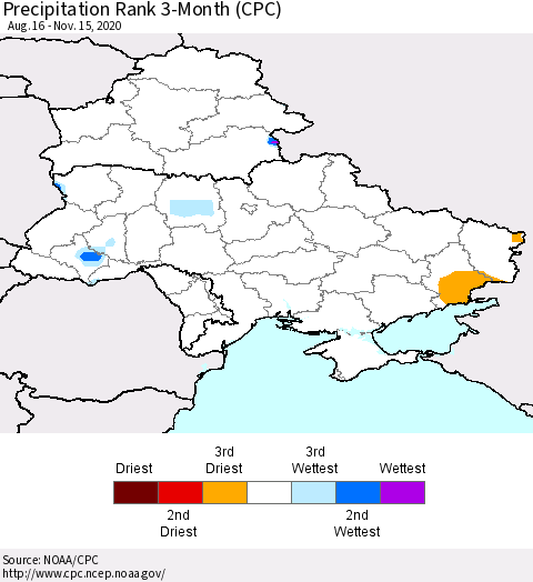Ukraine, Moldova and Belarus Precipitation Rank 3-Month (CPC) Thematic Map For 8/16/2020 - 11/15/2020