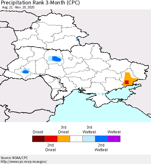 Ukraine, Moldova and Belarus Precipitation Rank 3-Month (CPC) Thematic Map For 8/21/2020 - 11/20/2020