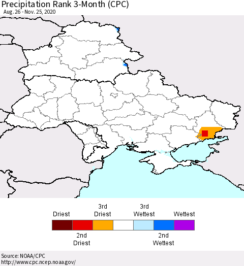 Ukraine, Moldova and Belarus Precipitation Rank 3-Month (CPC) Thematic Map For 8/26/2020 - 11/25/2020