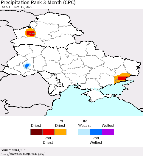 Ukraine, Moldova and Belarus Precipitation Rank since 1981, 3-Month (CPC) Thematic Map For 9/11/2020 - 12/10/2020
