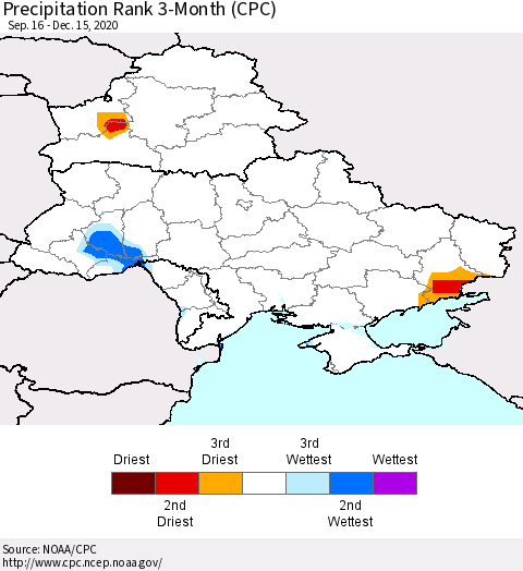 Ukraine, Moldova and Belarus Precipitation Rank since 1981, 3-Month (CPC) Thematic Map For 9/16/2020 - 12/15/2020