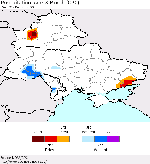 Ukraine, Moldova and Belarus Precipitation Rank 3-Month (CPC) Thematic Map For 9/21/2020 - 12/20/2020