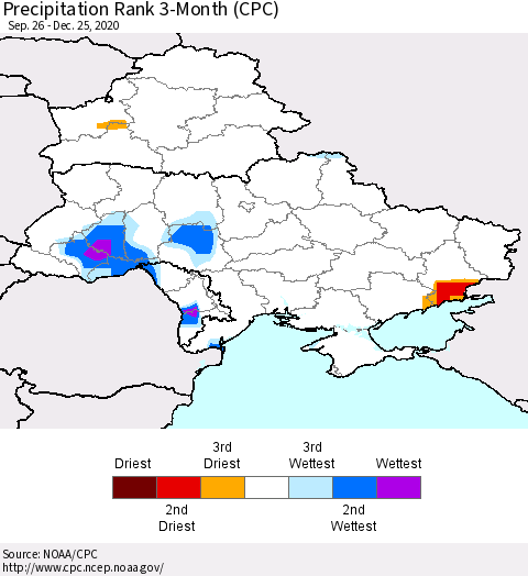 Ukraine, Moldova and Belarus Precipitation Rank 3-Month (CPC) Thematic Map For 9/26/2020 - 12/25/2020