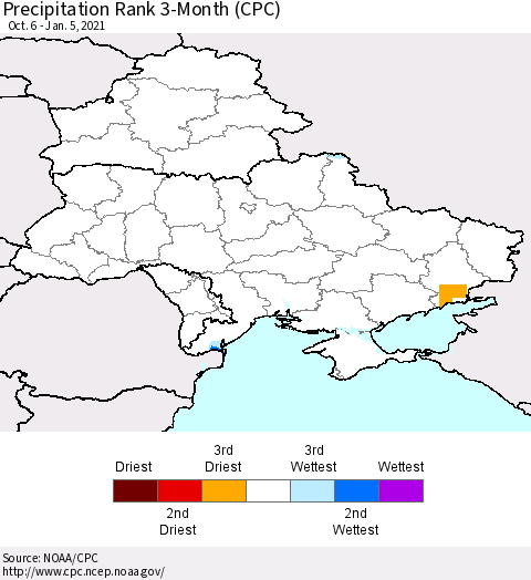 Ukraine, Moldova and Belarus Precipitation Rank 3-Month (CPC) Thematic Map For 10/6/2020 - 1/5/2021