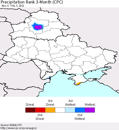 Ukraine, Moldova and Belarus Precipitation Rank 3-Month (CPC) Thematic Map For 11/6/2020 - 2/5/2021
