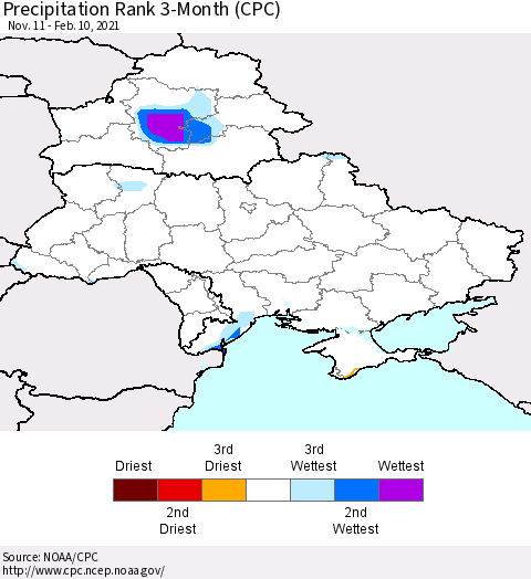 Ukraine, Moldova and Belarus Precipitation Rank 3-Month (CPC) Thematic Map For 11/11/2020 - 2/10/2021