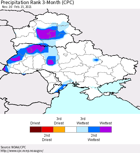 Ukraine, Moldova and Belarus Precipitation Rank 3-Month (CPC) Thematic Map For 11/16/2020 - 2/15/2021