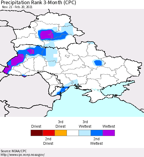 Ukraine, Moldova and Belarus Precipitation Rank 3-Month (CPC) Thematic Map For 11/21/2020 - 2/20/2021