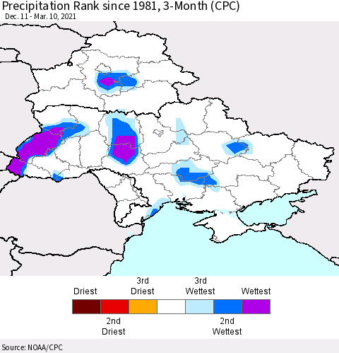 Ukraine, Moldova and Belarus Precipitation Rank 3-Month (CPC) Thematic Map For 12/11/2020 - 3/10/2021