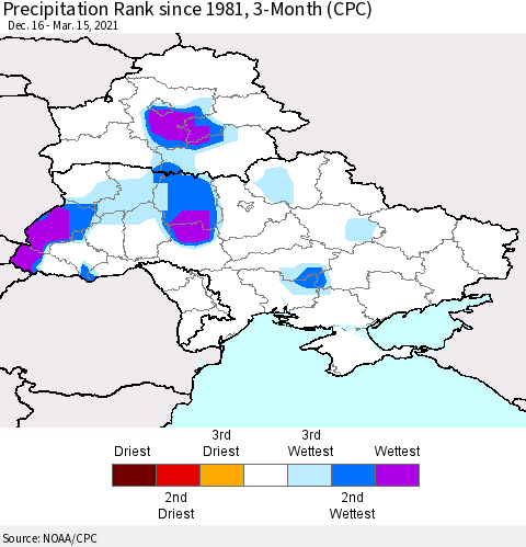 Ukraine, Moldova and Belarus Precipitation Rank 3-Month (CPC) Thematic Map For 12/16/2020 - 3/15/2021