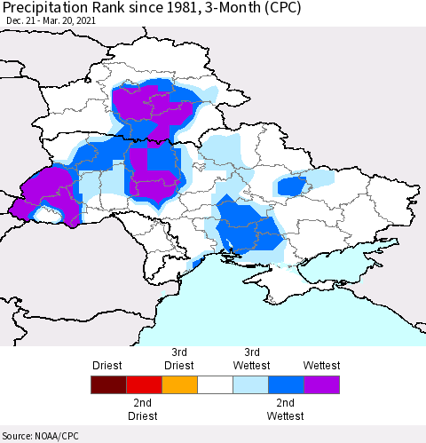 Ukraine, Moldova and Belarus Precipitation Rank 3-Month (CPC) Thematic Map For 12/21/2020 - 3/20/2021