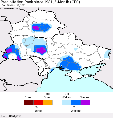 Ukraine, Moldova and Belarus Precipitation Rank 3-Month (CPC) Thematic Map For 12/26/2020 - 3/25/2021