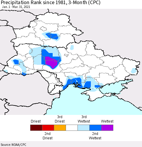 Ukraine, Moldova and Belarus Precipitation Rank since 1981, 3-Month (CPC) Thematic Map For 1/1/2021 - 3/31/2021