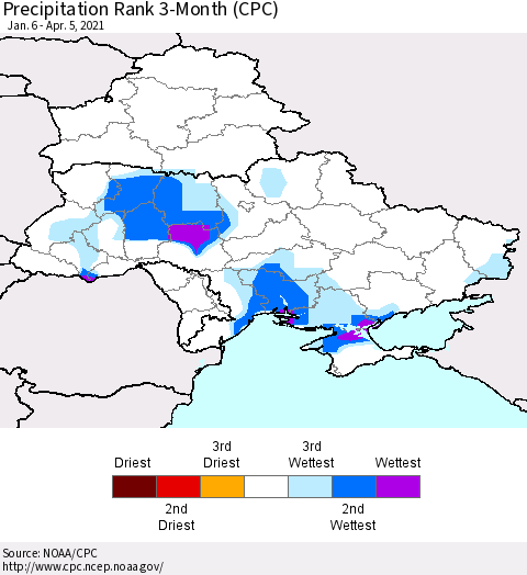 Ukraine, Moldova and Belarus Precipitation Rank 3-Month (CPC) Thematic Map For 1/6/2021 - 4/5/2021