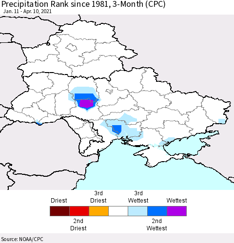 Ukraine, Moldova and Belarus Precipitation Rank 3-Month (CPC) Thematic Map For 1/11/2021 - 4/10/2021