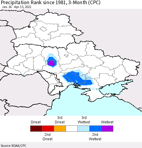 Ukraine, Moldova and Belarus Precipitation Rank 3-Month (CPC) Thematic Map For 1/16/2021 - 4/15/2021