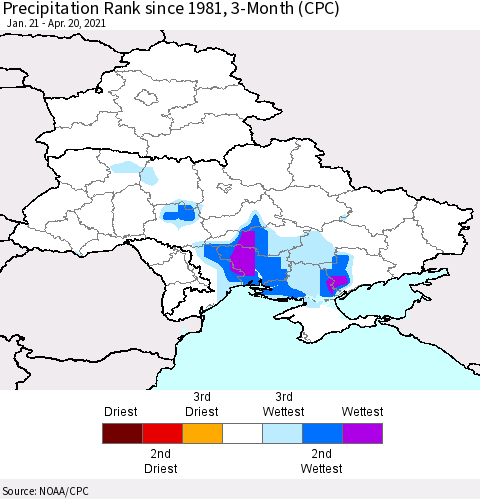 Ukraine, Moldova and Belarus Precipitation Rank 3-Month (CPC) Thematic Map For 1/21/2021 - 4/20/2021