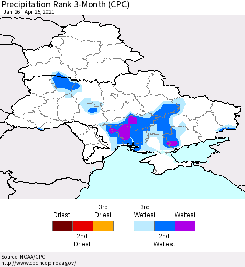 Ukraine, Moldova and Belarus Precipitation Rank 3-Month (CPC) Thematic Map For 1/26/2021 - 4/25/2021