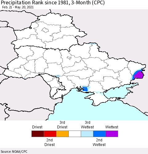 Ukraine, Moldova and Belarus Precipitation Rank since 1981, 3-Month (CPC) Thematic Map For 2/21/2021 - 5/20/2021