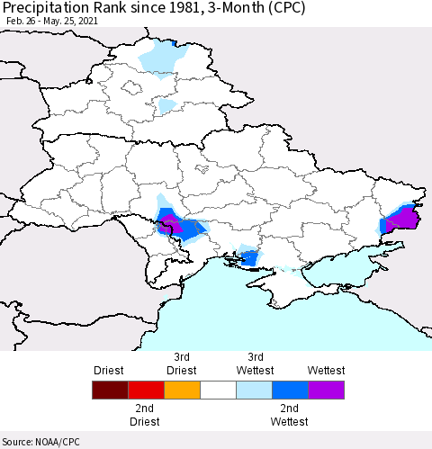 Ukraine, Moldova and Belarus Precipitation Rank 3-Month (CPC) Thematic Map For 2/26/2021 - 5/25/2021