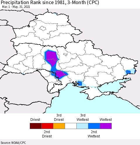 Ukraine, Moldova and Belarus Precipitation Rank since 1981, 3-Month (CPC) Thematic Map For 3/1/2021 - 5/31/2021