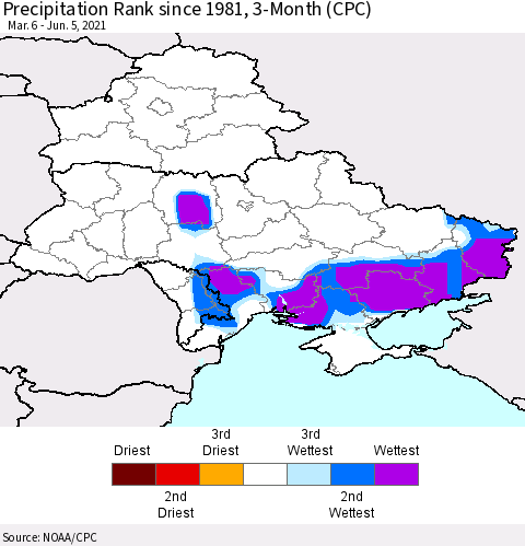 Ukraine, Moldova and Belarus Precipitation Rank since 1981, 3-Month (CPC) Thematic Map For 3/6/2021 - 6/5/2021