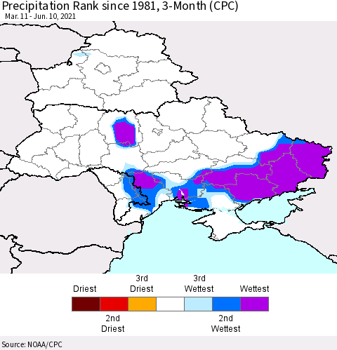 Ukraine, Moldova and Belarus Precipitation Rank since 1981, 3-Month (CPC) Thematic Map For 3/11/2021 - 6/10/2021