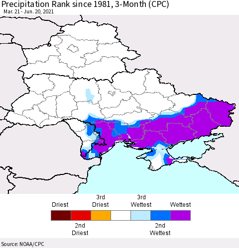 Ukraine, Moldova and Belarus Precipitation Rank since 1981, 3-Month (CPC) Thematic Map For 3/21/2021 - 6/20/2021