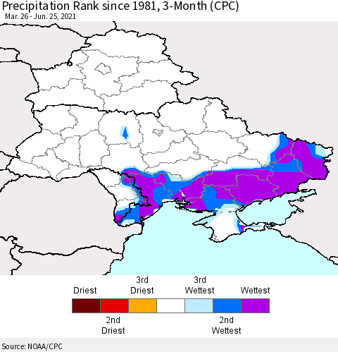 Ukraine, Moldova and Belarus Precipitation Rank 3-Month (CPC) Thematic Map For 3/26/2021 - 6/25/2021