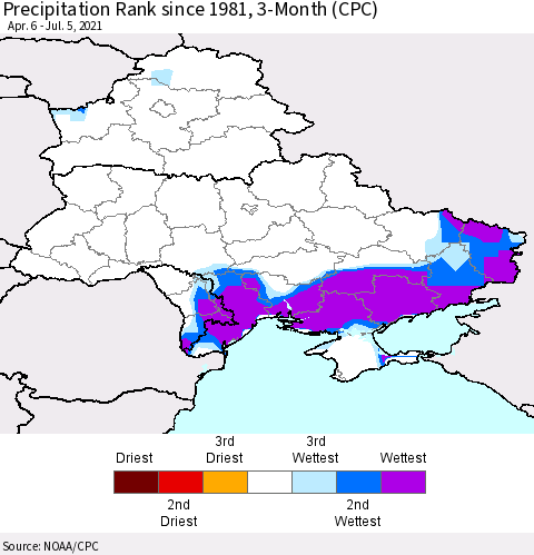Ukraine, Moldova and Belarus Precipitation Rank 3-Month (CPC) Thematic Map For 4/6/2021 - 7/5/2021