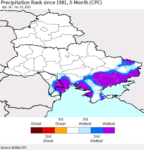 Ukraine, Moldova and Belarus Precipitation Rank 3-Month (CPC) Thematic Map For 4/16/2021 - 7/15/2021