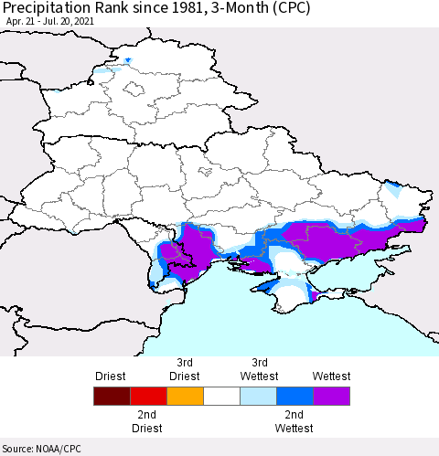 Ukraine, Moldova and Belarus Precipitation Rank since 1981, 3-Month (CPC) Thematic Map For 4/21/2021 - 7/20/2021