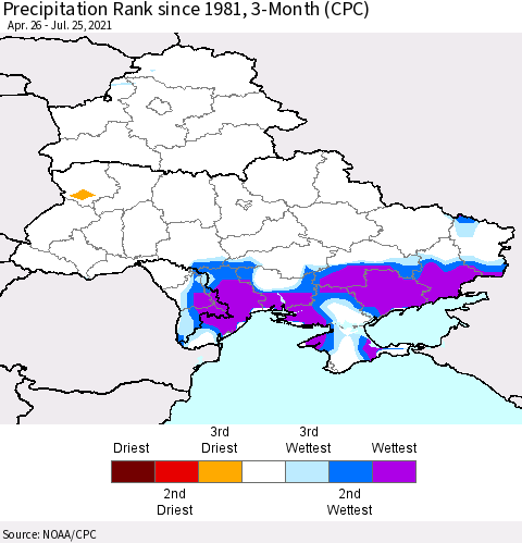 Ukraine, Moldova and Belarus Precipitation Rank 3-Month (CPC) Thematic Map For 4/26/2021 - 7/25/2021