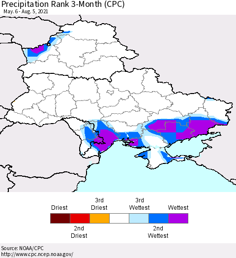 Ukraine, Moldova and Belarus Precipitation Rank 3-Month (CPC) Thematic Map For 5/6/2021 - 8/5/2021