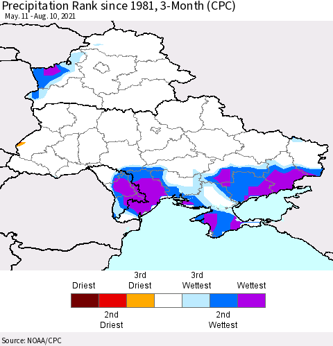 Ukraine, Moldova and Belarus Precipitation Rank 3-Month (CPC) Thematic Map For 5/11/2021 - 8/10/2021