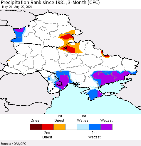 Ukraine, Moldova and Belarus Precipitation Rank since 1981, 3-Month (CPC) Thematic Map For 5/21/2021 - 8/20/2021