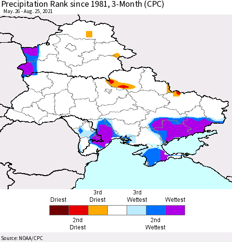 Ukraine, Moldova and Belarus Precipitation Rank since 1981, 3-Month (CPC) Thematic Map For 5/26/2021 - 8/25/2021